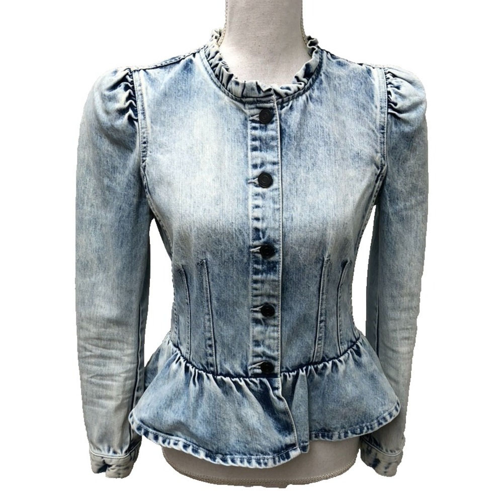 Rebecca Taylor Peplum Jean Jacket Womens Small‎ Blue Puff Sleeve Romantic Boho